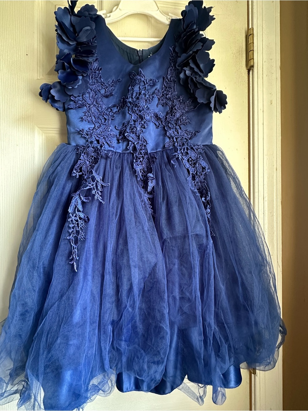 Elegant Navy Floral Appliqué Tulle Dress for Girls